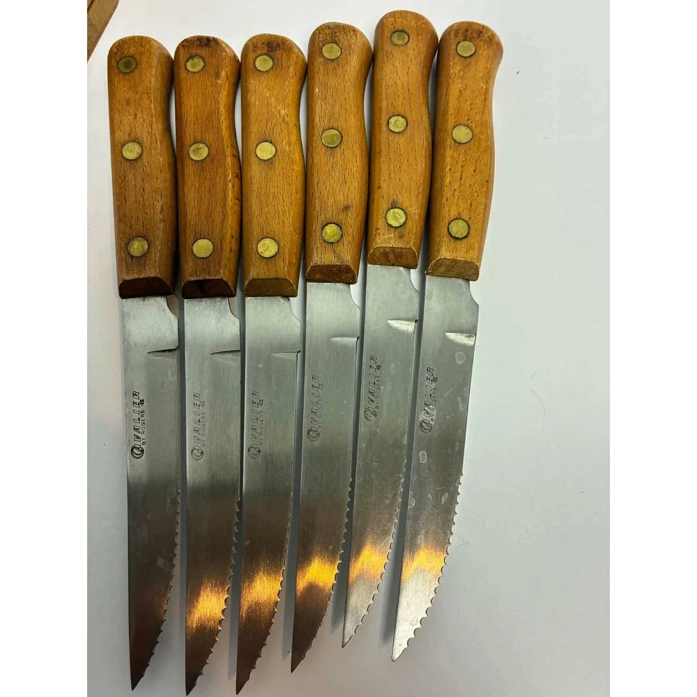 Vintage Cavalier by Rogers 6‎ Piece Steak Knife Set with Wood Block Stainless